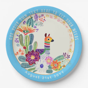 FIESTA Cacti Llama Folkart Flowers Blue Custom Paper Plate