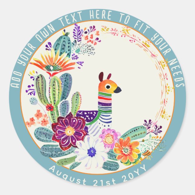 FIESTA Cacti Llama FolkFlowers Party Custom Classic Round Sticker (Front)