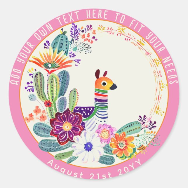 FIESTA Cacti Llama FolkFlowers Pink Custom Classic Round Sticker (Front)