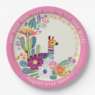 FIESTA Cacti Llama FolkFlowers Pink Custom Paper Plate