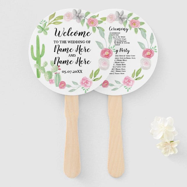 Fiesta Cactus Floral Wedding Programme Hand Fan (Front and Back)