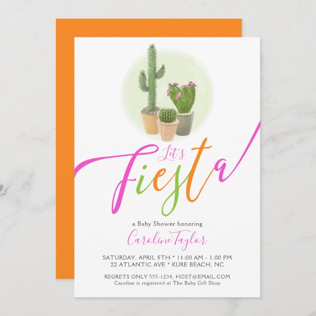 Fiesta Cactus Neon Pink Orange Baby Shower Invitation (Front/Back)