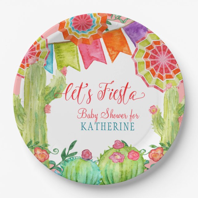 Fiesta Cactus Pink Baby Shower Girl Banner Pennant Paper Plate (Front)