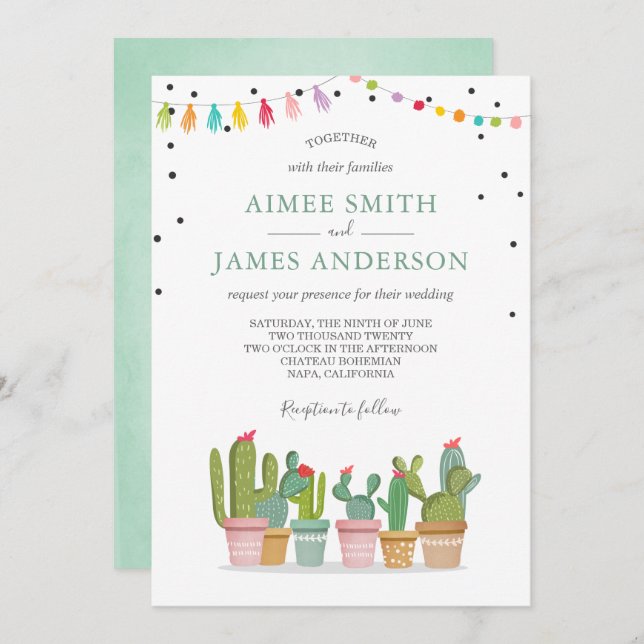 Fiesta Cactus Succulent Watercolor Pastel Wedding Invitation (Front/Back)