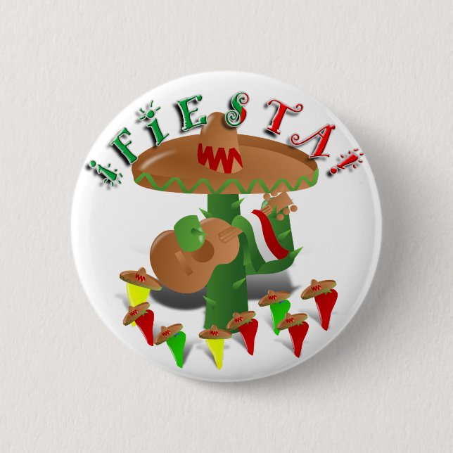 Fiesta Cactus w/Sombrero & Guitar 6 Cm Round Badge (Front)
