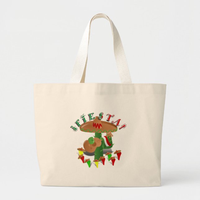Fiesta Cactus w/Sombrero & Guitar Large Tote Bag (Front)