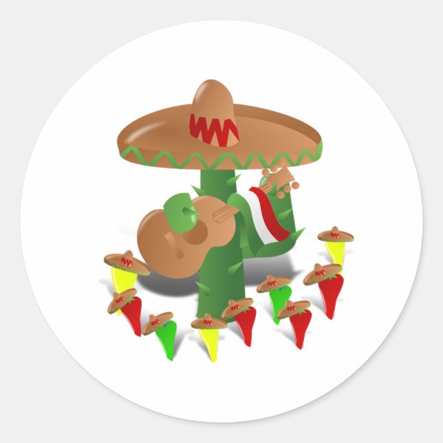 Fiesta Cactus with Guitar & Dancing Peppers Classic Round Sticker (Front)
