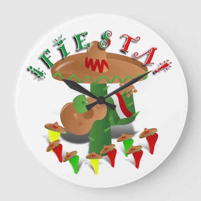 Fiesta Cactus with Guitar & Dancing Peppers Large Clock (Front)