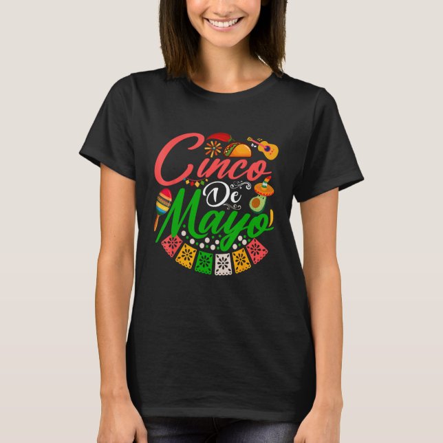 Fiesta Cinco de Mayo Mexican Maracas Tacos Avocado T-Shirt (Front)