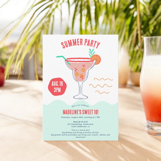 Fiesta Cocktail illustration summer beach Sweet 16 Invitation (Fiesta Cocktail illustration summer beach Sweet 16 Invitation)