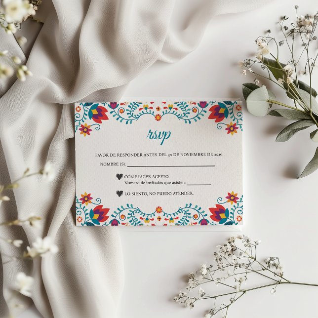 Fiesta Colourful Botanical Floral Spanish Wedding RSVP Card (Fiesta Colorful Botanical Floral Spanish Wedding RSVP Card)