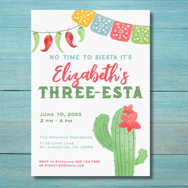 Fiesta Colourful Cactus Three-esta Birthday  Invitation (Creator Uploaded)