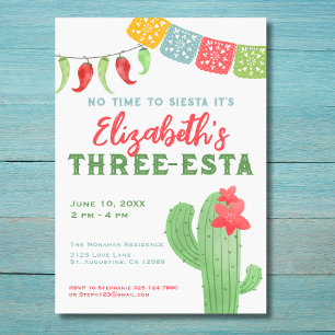 Fiesta Colourful Cactus Three-esta Birthday  Invitation