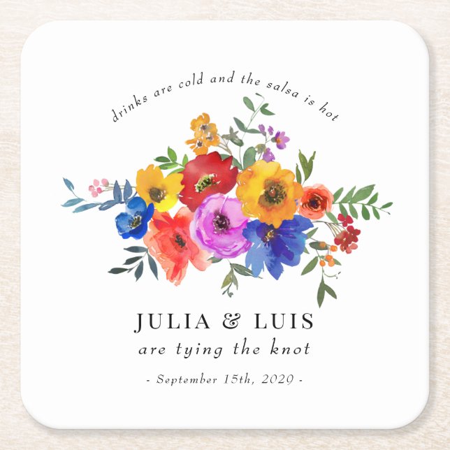 Fiesta Colourful Flower Wedding Engagement Square Paper Coaster (Front)