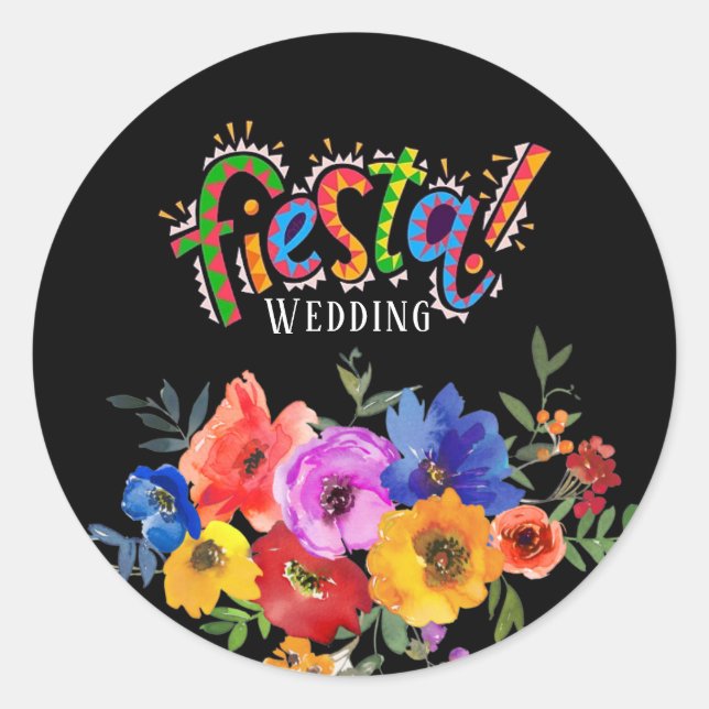 Fiesta Colourful Watercolor Floral Wedding Classic Round Sticker (Front)