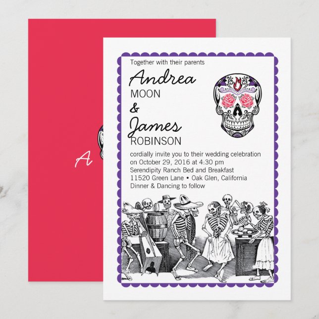 Fiesta Dancing Skeletons Skull Wedding Invitations (Front/Back)