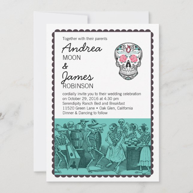 Fiesta Dancing Skeletons Skull Wedding Invitations (Front)