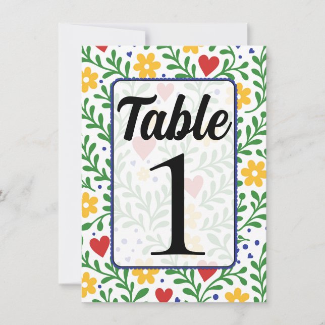 Fiesta de Amor Bold Colourful Floral Table Number (Front)