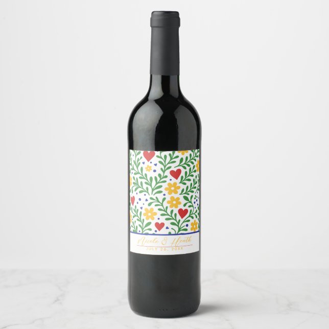 Fiesta de Amor Bold Colourful Floral Wedding Wine Label (Front)