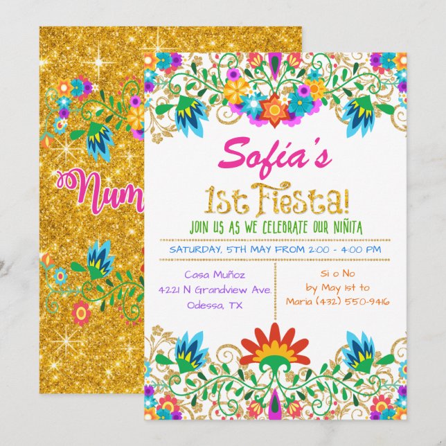 Fiesta First Birthday Floral Glitter Invitation (Front/Back)