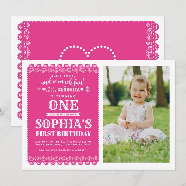 Fiesta First Birthday, Papel Picado, 1st Birthday Invitation (Front/Back)