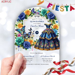 Fiesta Floral Butterflies QUINCEANERA Blue Gold Acrylic Invitations