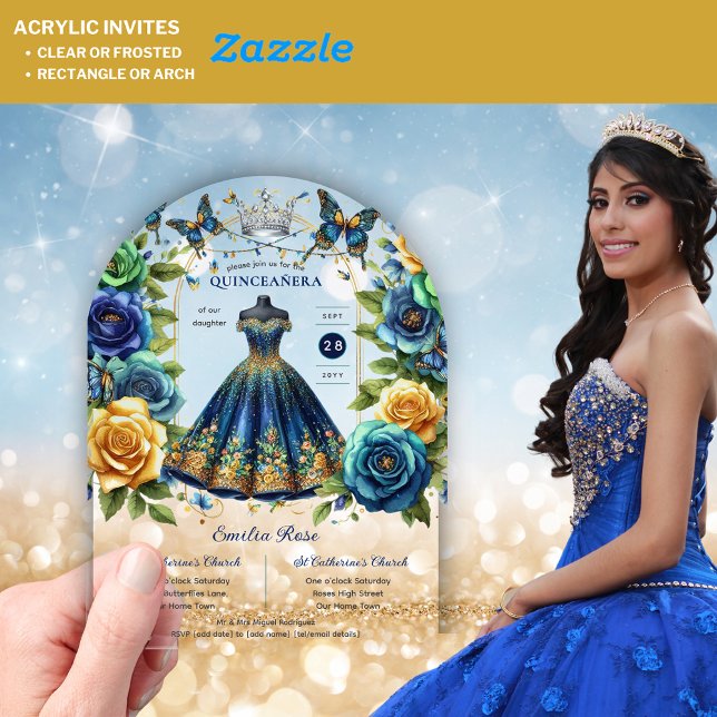 Fiesta Floral Butterflies QUINCEANERA Blue Gold Acrylic Invitations (Creator Uploaded)
