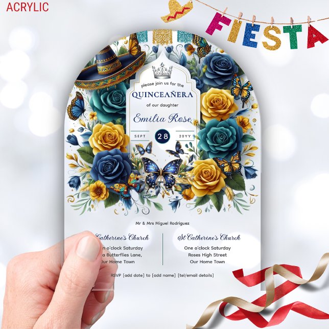 Fiesta Floral Butterflies QUINCEANERA Clear  Acrylic Invitations (Creator Uploaded)