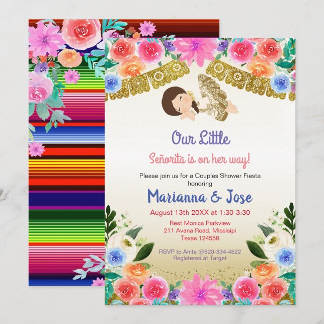 Fiesta Floral Girl Couple shower Party Invitation (Front/Back)