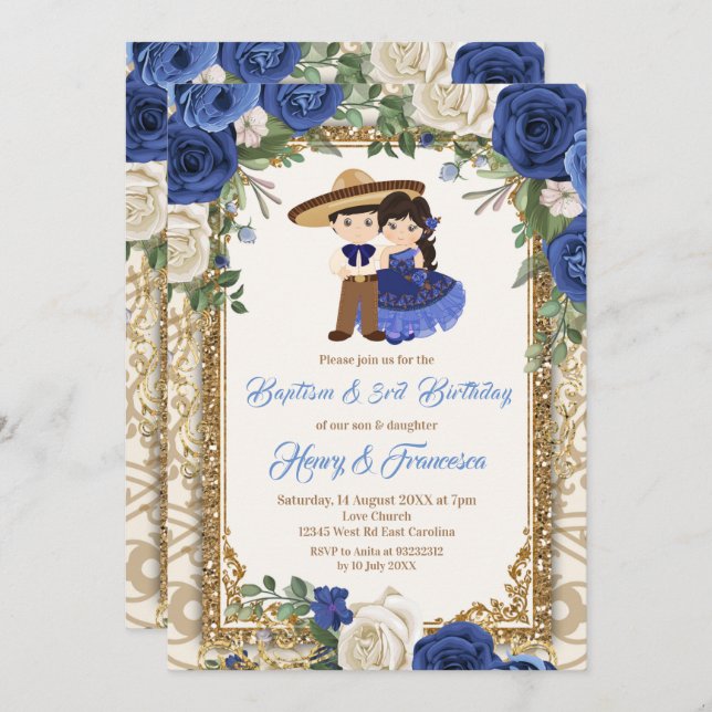 Fiesta Floral Sibling Blue Baptism & Birthday Invitation (Front/Back)