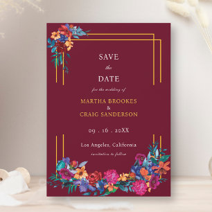 Fiesta Flower Save the Date Burgundy Wedding Invitation