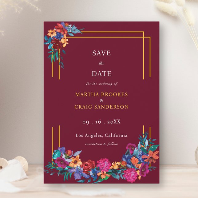 Fiesta Flower Save the Date Burgundy Wedding Invitation (Creator Uploaded)