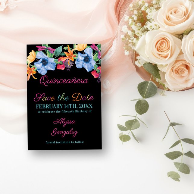 Fiesta Flowers Black Floral Quinceanera Save The Date (Save the Date Invitation from my Fiesta Flowers Quinceanera Collection)