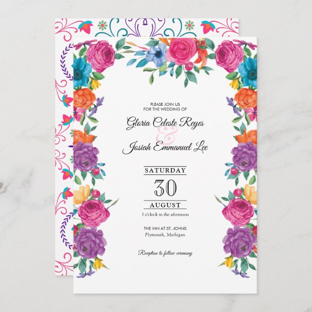 Fiesta Flowers & Mexican Embroidery Style Wedding Invitation (Front/Back)