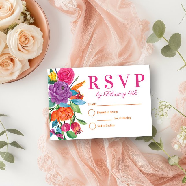 Fiesta Flowers White Watercolor Floral RSVP Card (RSVP card from my Fiesta Flowers Quinceanera Collection)