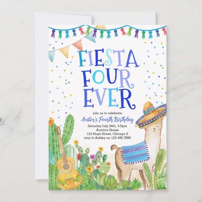 Fiesta Four Ever Llama Boy 4th Birthday Invitation (Front)