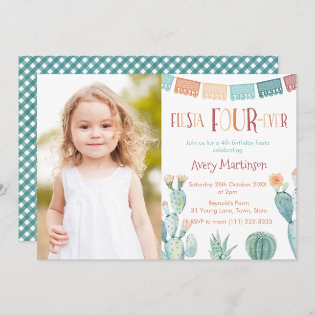 Fiesta FOUR-ever Mexican 4th Birthday Party Photo Invitation (Front/Back)