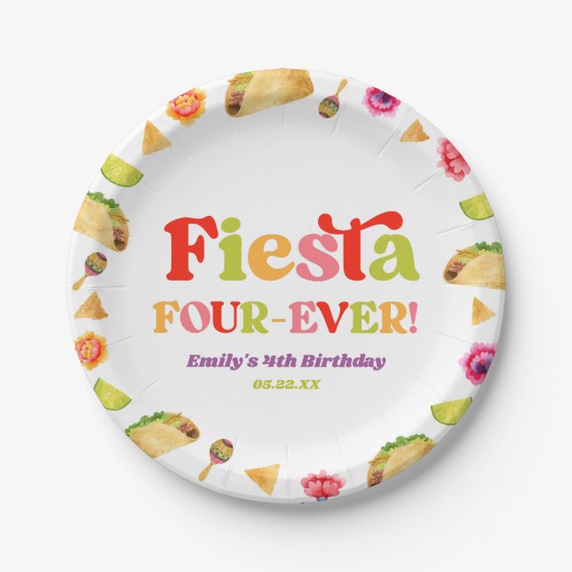 Fiesta Four-Ever Taco 4th Birthday Party Paper Plate (Front)