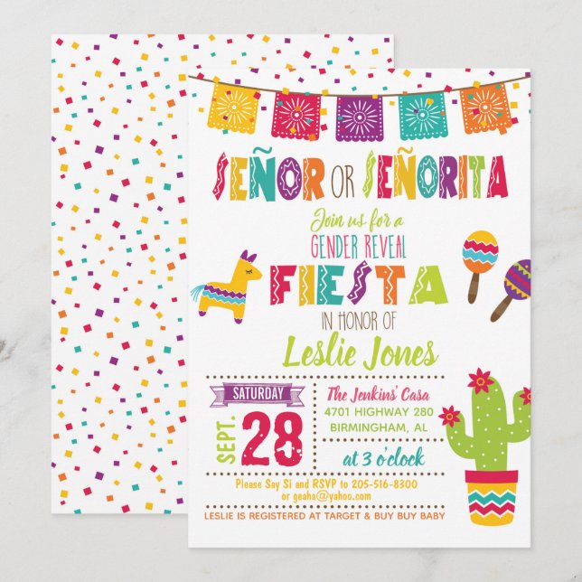 Fiesta Gender Reveal Invitation - White Background (Front/Back)