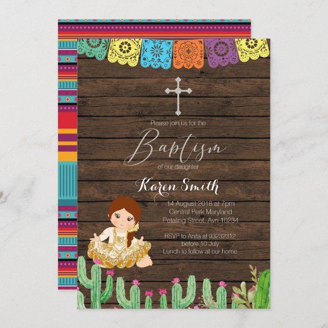 Fiesta Girl Baptism Christening Invitation card (Front/Back)