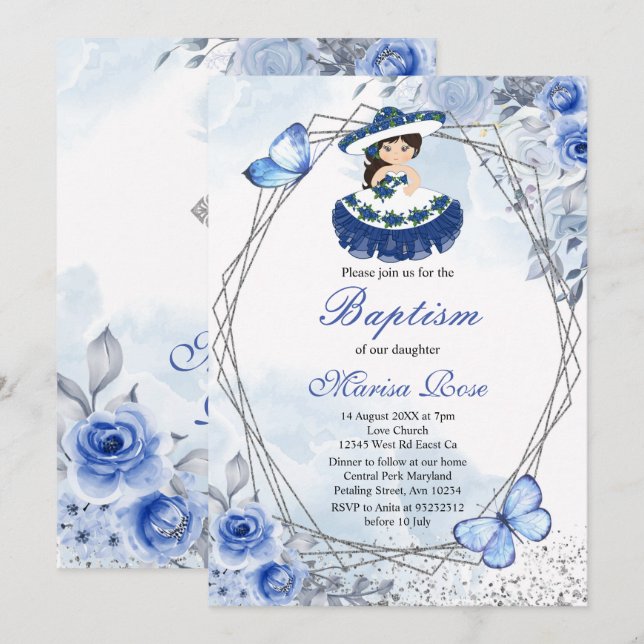 Fiesta Girl Baptism Christening Pastel Floral Invitation (Front/Back)