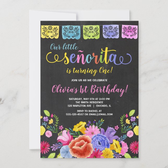 Fiesta girl birthday floral watercolors invitation (Front)