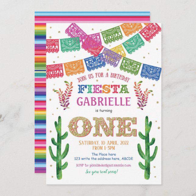 Fiesta, Girl, Mexican, Cactus, Uno, 1st Birthday Invitation (Front/Back)