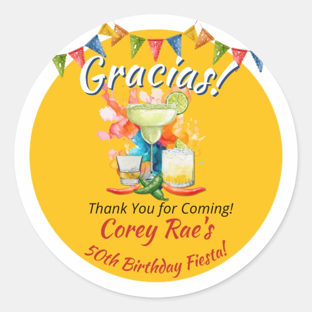 Fiesta "Gracias" 50th Birthday Thank You Custom Classic Round Sticker (Front)