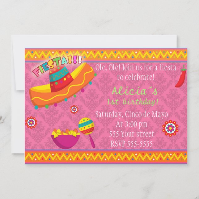 Fiesta Invitation Girl Birthday Party Mexican Pink (Front)