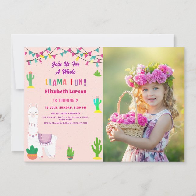 Fiesta Llama Alpaca Kids Birthday Photo Invitation (Front)