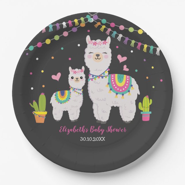 Fiesta Llama Baby Girl Shower Cactus Alpaca Party Paper Plate (Front)