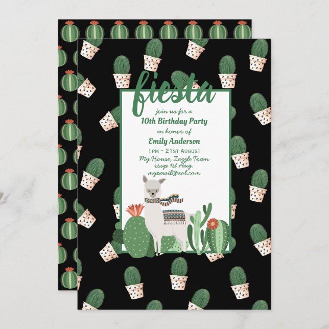 Fiesta Llama Birthday Invitation Fun Cute Cactus (Front/Back)