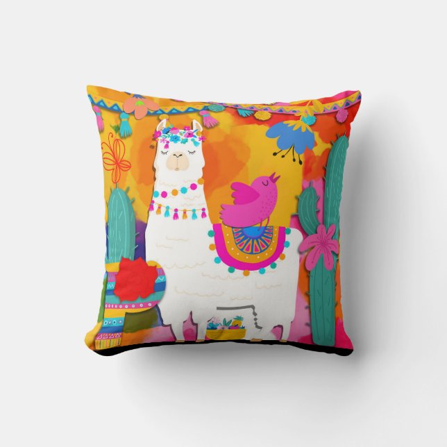 Fiesta Llama Cinco De Mayo Colourful Fun Watercolo Cushion (Front)