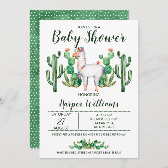 Fiesta Llama Watercolor Baby Shower Invitation (Front/Back)